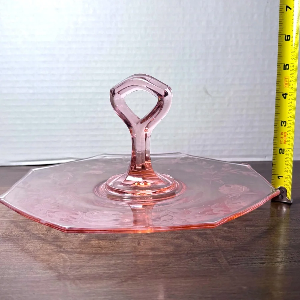 Vintage Pink Depression Glass Sandwich Server Dessert Tray Curved Handle -No Dmg